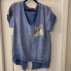 COPY - MADE IN ITALY Faded blue linen shirt with chainmail accent pocket.